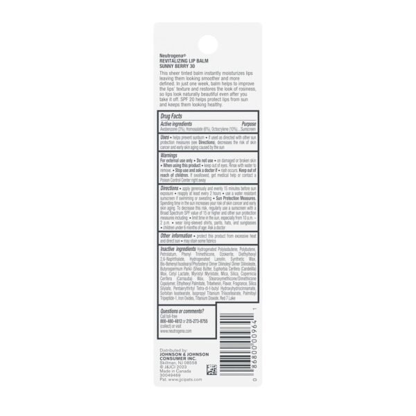 712kMhUeziL._SL1500_.jpg Neutrogena Revitalizing Tinted Lip Balm Broad Spectrum SPF 20 Sunscreen, Moisturizing Lip Balm with a Sheer Tint for Softer, Smoother, Healthier-Looking Lips, Sheer Sunny Berry 30, .15 oz