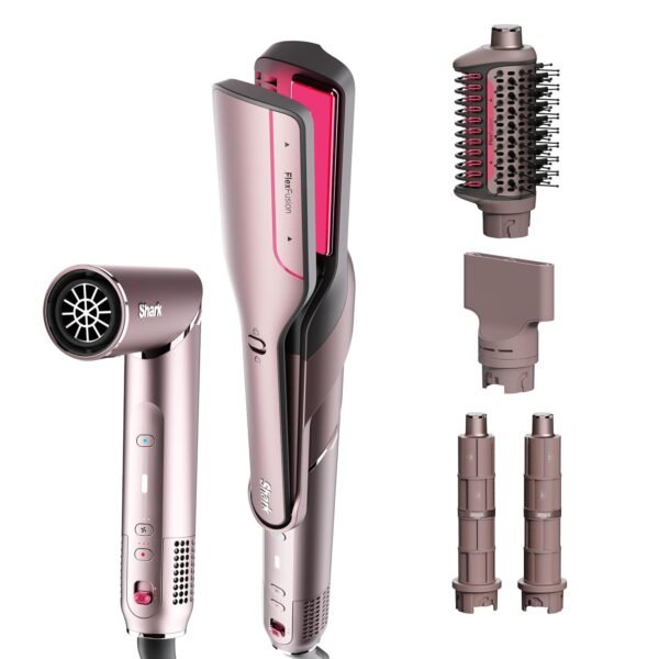712lAQHIq8L._SL1500_.jpg Shark FlexFusion Hair Straightener & Powerful Hair Dryer with Fusion Hair Brush, Ceramic Air Styler with Auto-Wrap Hair Curlers & Concentrator, Ceramic Plates, Cosmic Blush HD641S
