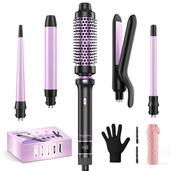 712o6UUT6L._SL1500_.jpg 5 in 1 Curling Iron, Curling Wand Set with Thermal Brush, Flat Iron Hair Straightener, 3 Ceramic Irons (0.35"-1"), 13 Adjustable Temps, Hair Curler Waver with Heat Resistant Mat, Glove, Clip