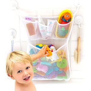 Original Tub Cubby Bath Toy Storage Organizer - 14"x20" Mesh Shower Caddy With Suction Cup & Adhesive Hooks, Toy Storage Net Organizer for Kids Bathroom Decor, Bedroom & More - with Extra Hooks
