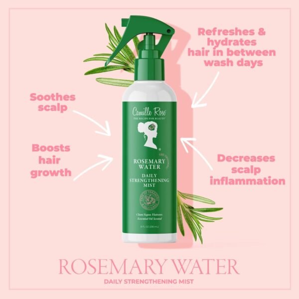 Camille Rose Rosemary Water Daily Strengthening Mist, with Peppermint and Rosemary Essential Oils to Strengthen Strands and Promote Hair Growth, for all Hair Types, 8 fl oz