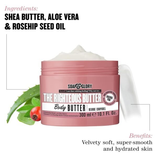 Soap & Glory The Righteous Moisturizing Body Butter - Hydrating Vegan Body Moisturizer for Dry Skin with Shea Butter, Vitamin E & Rosehip Seed Oil - Rich Cream for Women & Men (300ml)
