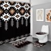 KOMLLEX 4Pcs Black Western Retro Shower Curtain Sets, Bath Mat and Toilet Lid Cover, Boho Southwestern Geometric Abstract Tribal Ethnic Bathroom Decor Set with Rugs and Accessories, 12 Pack Hooks