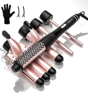713JpupEq9L._AC_SL1500_.jpg Curling Iron Set 5 in 1,MAXT Curling Wand Set Interchangeable Triple Barrel Curling Iron and Curling Brush Ceramic Barrel Wand Curling Iron(0.35”-1.25”)