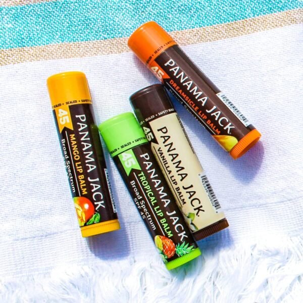 713Rc8Q4ofL._AC_SL1200_.jpg Panama Jack Sunscreen Lip Balm - SPF 45, Flavor Pack, Broad Spectrum UVA-UVB Sunscreen Protection, Prevents & Soothes Dry, Chapped Lips (Dreamsicle/Vanilla/Tropical/Mango)