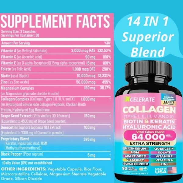 Cosmic Glow Blend Collagen Peptides Types I, II, III, V & X MCG Biotin Keratin Hyaluronic Acid MSM Vitamin A Vitamin C Vitamin E Folic Acid Zinc Magnesium with Grape Seed, (90 CAPS)