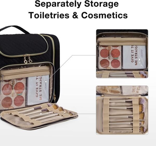 BAGSMART Toiletry Bag, Travel Toiletry Bag for Women, Water-resistant Cosmetic Makeup Bag, Large Capacity Door Room Essentials Travel Organizer for Full Sized Toiletries and Cosmetics, Black