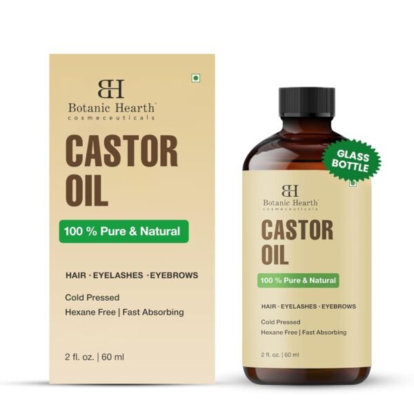 Botanic Hearth Castor Oil | 100% Pure & Natural, Cold Pressed | 2 Fl Oz (60 Ml) | For Hair, Eyelashes & Eyebrows | Hexane Free, Fast Absorbing | With Applicators & Dropper