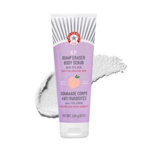 First Aid Beauty - KP Bump Eraser Body Scrub with 10% AHA, Keratosis Pilaris Exfoliator with Glycolic and Lactic acids, Helps Reduce Chicken Skin Bumps, Safe for Sensitive Skin, NEW Peach Scent (8 oz)