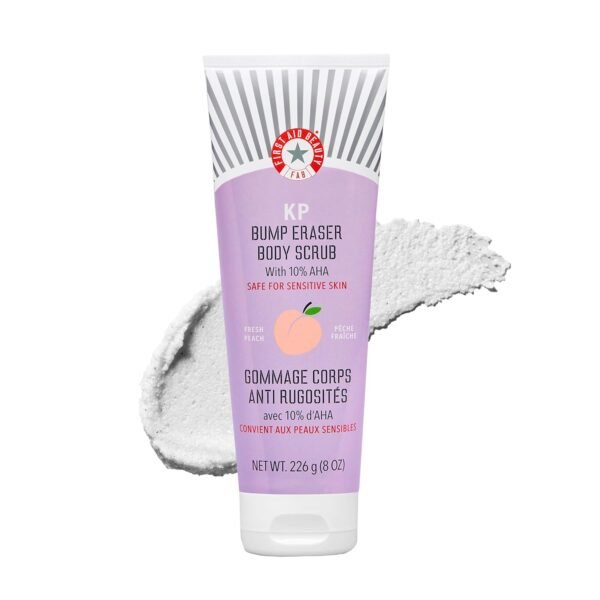 First Aid Beauty - KP Bump Eraser Body Scrub with 10% AHA, Keratosis Pilaris Exfoliator with Glycolic and Lactic acids, Helps Reduce Chicken Skin Bumps, Safe for Sensitive Skin, NEW Peach Scent (8 oz)