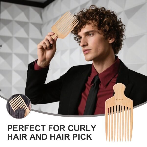 7142fwh79CL._SL1500_.jpg Bamboo Hair Pick for Curly Hair, Premium Wide Tooth Detangling Comb with Ergonomic Handle, Natural Volume & Styling Tool for Men Women