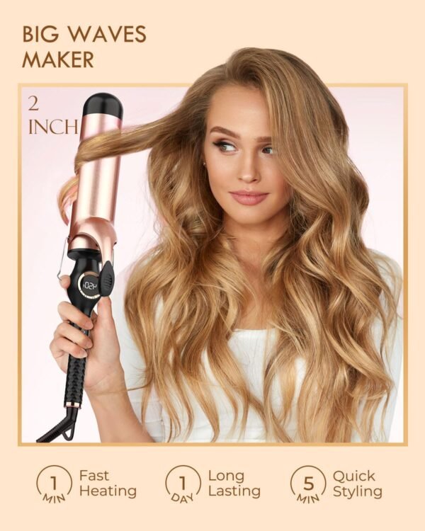 Large Curling Iron 2 Inch, Ceramic Long Barrel Hair Curling Wand, Hair Styling Tool, Dual Voltage, LCD Display, Black