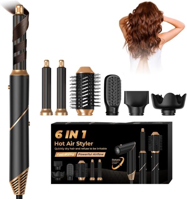 6 in 1 Hair Dryer Brush, Foldable Blow Dryer Brush with Wrap Curler, Detachable Air Hair Styler Curling, Drying,Volumizing, Straightening, Negative Ionic Hair Dryer with Diffuser, Hair Styling Tools