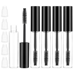 5 Pack 10ml Clear Refillable Eyelash Cream Container Empty Mascara Tube with Brush Wand for Castor Oil/Coconut Oil/Eyebrow Growth Serum, 5 Rubber Inserts, Black