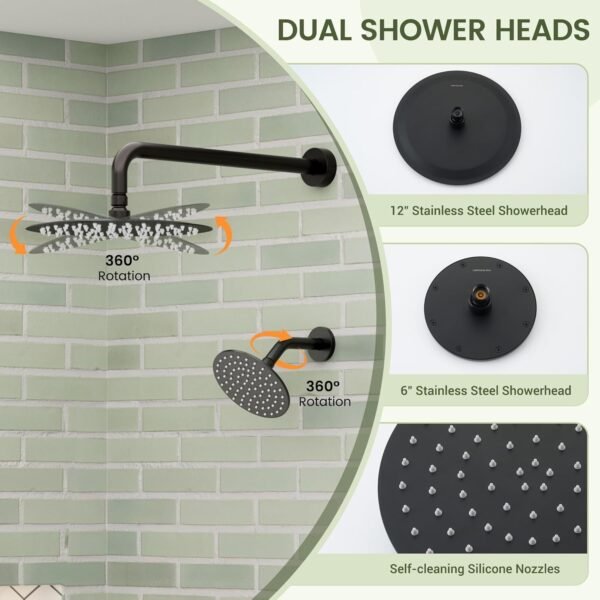 CASAINC 4 Functions Shower Faucet Set Wall Mounted Rainfall Shower System with 10" & 6" Dual Showerheads,Handheld and Bathtub Spout, Matte Black