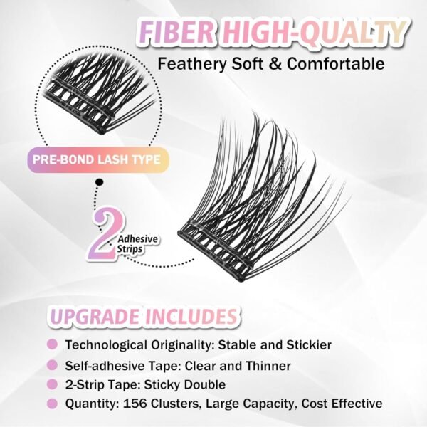 Self Adhesive Eyelashes, 156 Pcs Self Adhesive Eyelash Clusters, No Glue Needed, Invisible 2-Strip Tape - Longer Lasting, No Sticky Residue Pre Glued Eyelashes (Volume-Mixed)