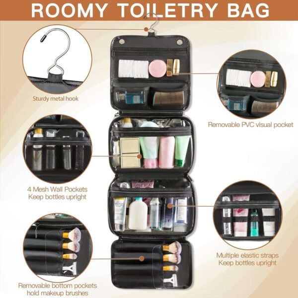 Elviros Hanging Toiletry Bag Removable Travel Bag PU leather Makeup Cosmetic Organizer Kit, Black