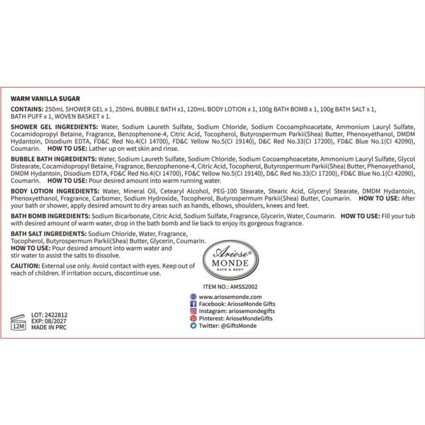 Bath and Body Warm Vanilla Sugar Spa Gifts for Women, with Shower Gel, Bubble Bath, Body Lotion, Bath Bomb, Bath Salt, Spa Basket Gift Set for Women, 7pcs Set Gifts