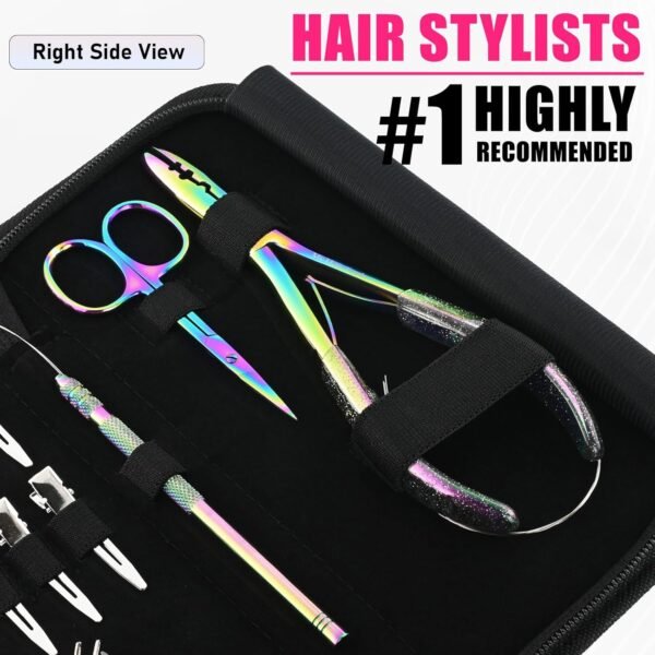 Hair Extension Tools Kit Includes 2 HoleMicro Beads Microlink Crimping Plier, 12pcs Sectioning Clips, Quick Parting Tool, Mini Scissor & C Type Needles, Loop Tool (Rianbow)