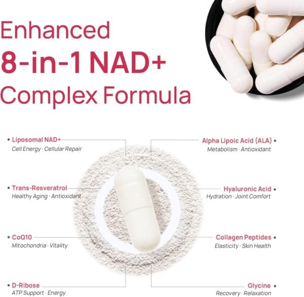 NAD Supplement Complex NMN Alternative - Liposomal NAD Resveratrol with β-NAD+, CoQ10, D-Ribose for Anti-Aging, Energy, Cellular Renewal and Radiant Skin Health - 60 Capsules