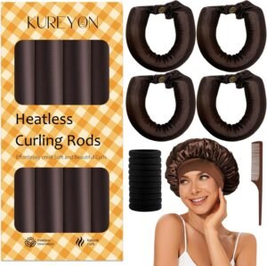 7159K9BjaqL._AC_SL1500_.jpg Satin Heatless Hair Curler, 16 Piece Set, Overnight Heatless Curls, Not easy to slip Heatless Curling Rod You Can Sleep In, Soft Silk DIY Hair Styling Tools Kit, Silk Bonnet for Sleeping-Brown