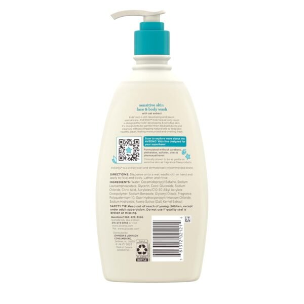 Aveeno Kids Sensitive Skin Face & Body Wash With Oat Extract, Gently Washes Away Dirt & Germs Without Drying, Tear-Free & Suitable for All Skin Tones, Hypoallergenic, 18 fl. oz