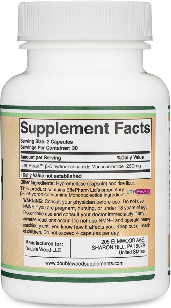 NMNH (NMN Supplement Alternative) (Dihydronicotinamide Mononucleotide) 250mg Per Serving, 60 Count (30 Servings) NAD Supplement to Boost NAD+ Levels As We Age (Non-GMO, Gluten Free) by Double Wood