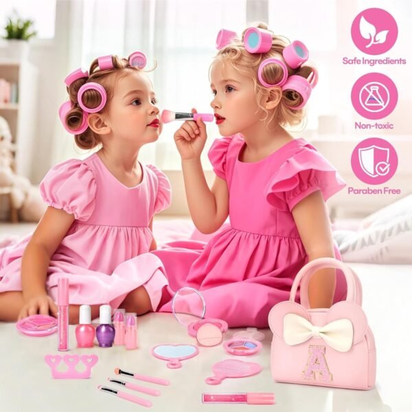 Kids Real Makeup Kit for Girls - 18Pcs Non-Toxic Washable Make Up Toys with Initial Toddler Purse - Personalized Birthday Gifts for Age 3 4 5 6 7 8 9 10 Years Old Girls Vanity Set - A