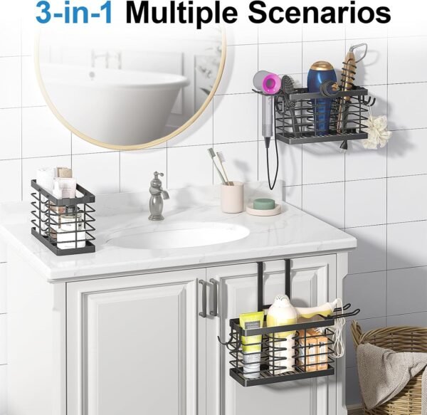 715rGOtOXNL._AC_SL1500_.jpg Hair Tool Organizer, 3-in-1 Universal Hair Dryer Holder, Adjustable Height Metal Blow Dryer Holder Wall Mounted/Over Cabinet Door/Free-Standing (Black)