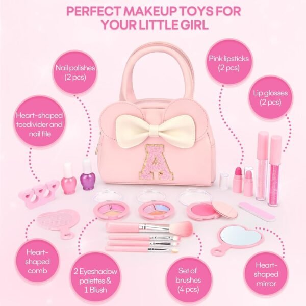 Kids Real Makeup Kit for Girls - 18Pcs Non-Toxic Washable Make Up Toys with Initial Toddler Purse - Personalized Birthday Gifts for Age 3 4 5 6 7 8 9 10 Years Old Girls Vanity Set - A