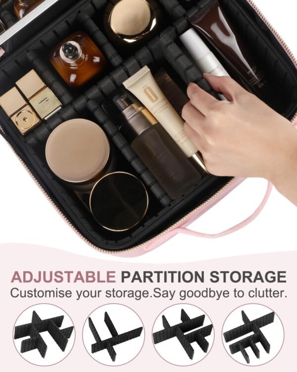 715wantTSuL._SL1500_.jpg Travel Makeup Bag with LED Mirror, Makeup Organizer Train Case with 1X,2X,3X Vanity Mirror, Adjustable Brightness in 3 Color Settings, Portable Make up Bag with Makeup Brush Holder Storage, Pink