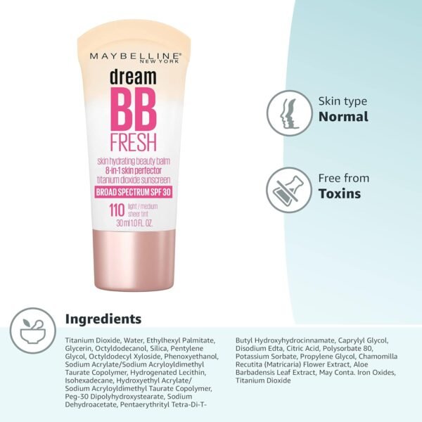 Maybelline Dream Fresh Skin Hydrating BB cream, 8-in-1 Skin Perfecting Beauty Balm with Broad Spectrum SPF 30, Sheer Tint Coverage, Oil-Free, Light/Medium, 1 Fl Oz