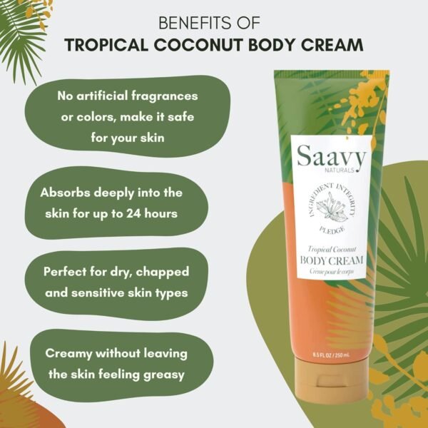 Saavy Naturals Tropical Coconut Body Cream for Men & Women, Absorbent Shea Butter Vegan Formula, Thick and Creamy, Naturally Scented Body Lotion for Dry Skin, 8.5 Oz, 2 Pack. Made in the USA
