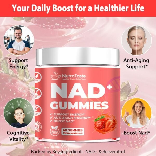 NAD+ Gummies Supplement for Anti-Aging, Energy & Focus Boost | Resveratrol, Nicotinamide Riboside | Strawberry Flavor,Vegan, Sugar-Free, 60 Count (Pack of 2)