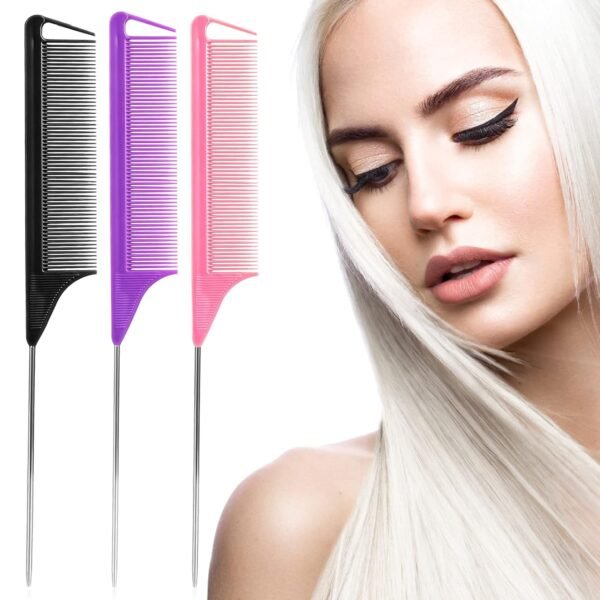 716NfFV6wAL._SL1500_.jpg Rat Tail Combs Set: 3Pcs Long Steel Pin Teasing Combs for Salon Hair Stylists, Metal Parting Combs for Women (Purple, Black, Pink)
