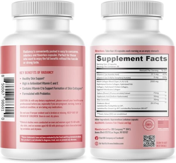 BB Company Radiancy | Vaginal Probiotics for Vaginal Dryness, pH Balance | Fights Itch, Odor | Anti-Aging | Hyaluronic Acid, Probiotics, Vitamin C, Multi Collagen | 120 Ct