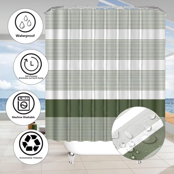 DDQQ 4Pcs Boho Streak Shower Curtain Sets with Rugs Sage Green Stripe Bathroom Sets Shower Curtain with 12 Hooks Bathroom Decor with Rugs Bath Accessories with Mats Toilet Lid Cover