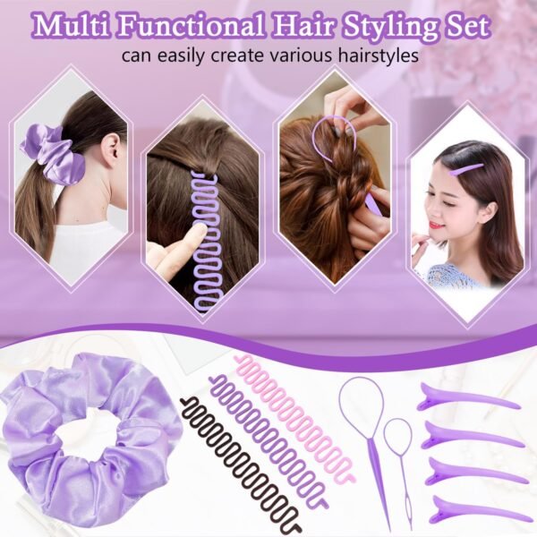 FOTN 17 Pcs Hair Brush and Comb Set for Women, Detangling, Styling, Edge Bristles, Wide Tooth Rat Tail, Spray Bottles, Topsy Hair Tail, Hair Braiding Kit for Girls (Purple)