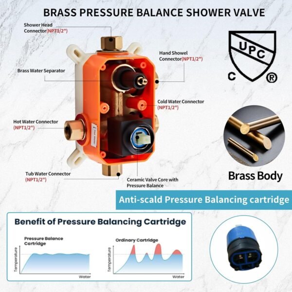 Matte Black Shower Tub Faucet Set, Wall Mounted 8 Inch Shower Heads with Handheld Spray Combo and Tub Shower Faucet, Luxury Bathroom Square Rain Shower System - 4 Hooks