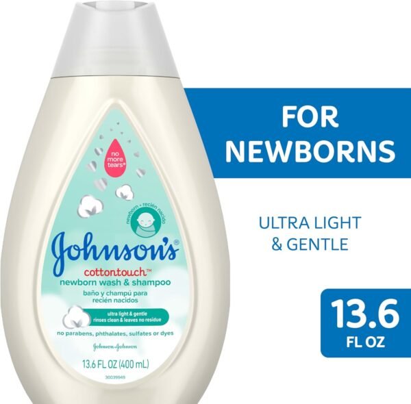 Johnson's CottonTouch Newborn Baby Body Wash & Shampoo, Gentle & Tear-Free, Made with Real Cotton, Gently Washes Away Dirt & Germs, Sulfate- & Paraben-Free for Sensitive Skin, 13.6 fl. oz
