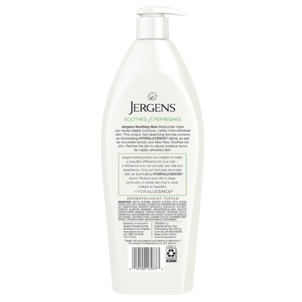 Jergens Soothing Aloe Body Lotion, Aloe Vera Body and Hand Moisturizer, Illuminating Hydralucence Blend, with Cucumber Extract, Dermatologist Tested, 21 Oz