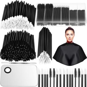 Maitys 260 Pieces Disposable Makeup Tools Kit, Eyeliner Brushes Mascara Wands Lipstick Applicators Plastic Organizer Box Short Waterproof Cape Stainless Steel Makeup Palette, Spatula(Black)