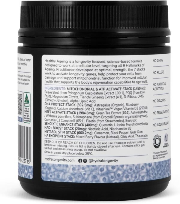 Healthy Ageing Supplement Powder, Anti-Ageing Effects, Contains Quercetin, Resveratrol and Nrf2 Activators, Antioxidants Rich Nutrient-Dense, Non-GMO, Vegan (180 Grams (30 Servings)