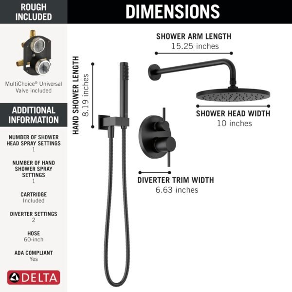 Delta Modern 14 Series Round Rain Shower System Faucet Set, Rainfall Matte Black Shower Head and Handle Set, Valve Trim Kit, 10 Inch, Matte Black 342702-BL