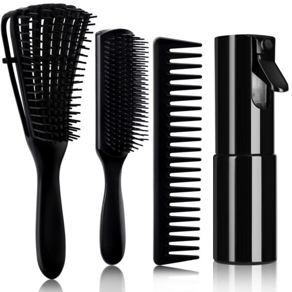 717QEboGiSL._SL1500_.jpg 4pcs Curly Hair Brush Set for Adult & Kids Wet or Dry, Detangling Brush for 3/4ABC Hair with Detangler Spray Bottle & Wide Tooth Comb (3+1, Black)