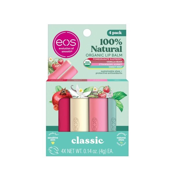 717W3W29lVL._SL1500_.jpg eos 100% Natural & Organic Lip Balm Sticks- Strawberry Sorbet, Vanilla Bean, Sweet Mint & Pomegranate Raspberry, Lip Care Products, 0.14 oz, 4-Pack