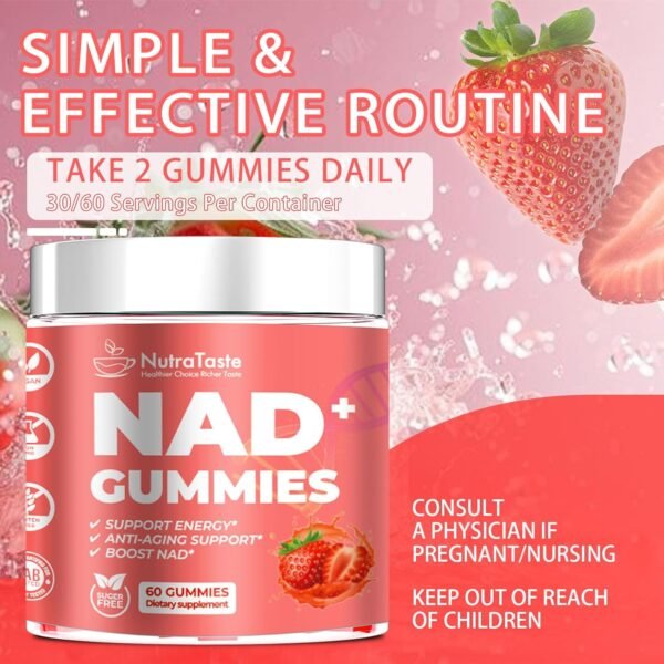 NAD+ Gummies Supplement for Anti-Aging, Energy & Focus Boost | Resveratrol, Nicotinamide Riboside | Strawberry Flavor,Vegan, Sugar-Free, 60 Count (Pack of 2)
