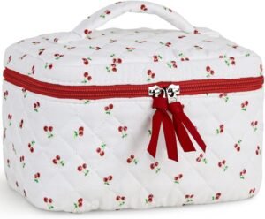 717hOuoQzL._AC_SL1500_.jpg Prite Large Makeup Bag for Women Quilted Floral Cotton Cosmetic Bag Cute Coquette Aesthetic Floral Travel Toiletry Bag (Red Berries)