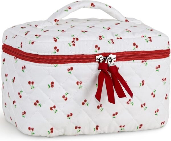 717hOuoQzL._AC_SL1500_.jpg Prite Large Makeup Bag for Women Quilted Floral Cotton Cosmetic Bag Cute Coquette Aesthetic Floral Travel Toiletry Bag (Red Berries)