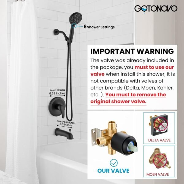 gotonovo Bathroom Shower Head Kit High Pressure Combo System Shower Faucet 6 Modes ABS Handheld Spray Shower Trim Kit Valve Included Shower Head and Handle Set Matte Black